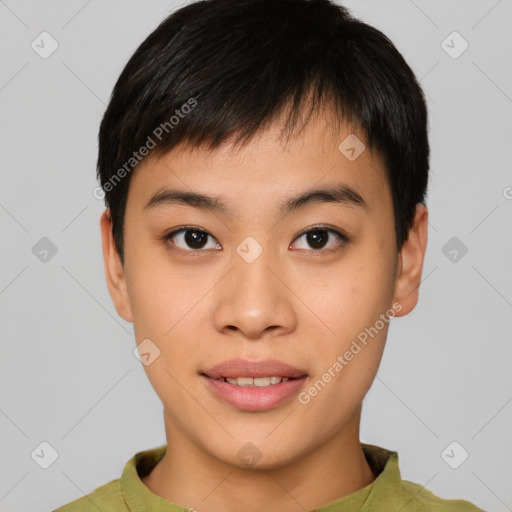 Joyful asian young-adult male with short  black hair and brown eyes