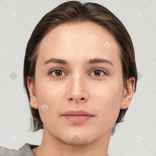 Neutral white young-adult female with medium  brown hair and brown eyes