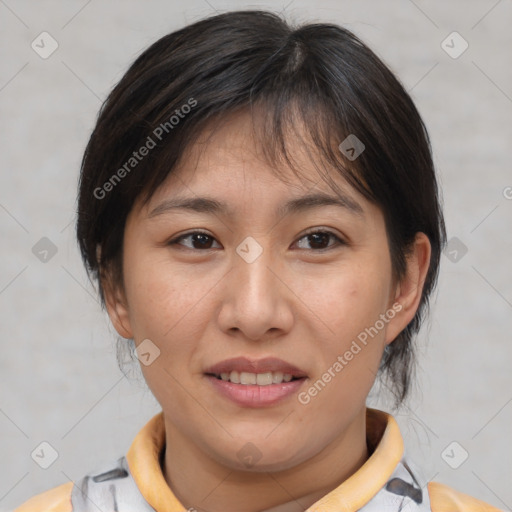 Joyful white young-adult female with medium  brown hair and brown eyes