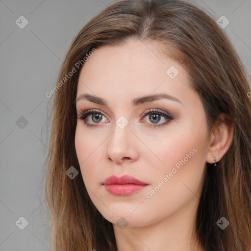 Neutral white young-adult female with long  brown hair and brown eyes