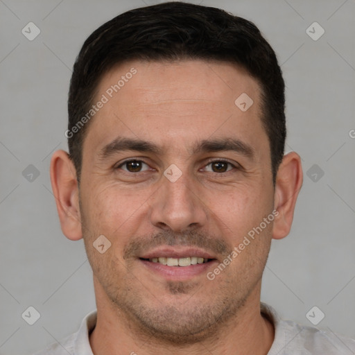 Joyful white young-adult male with short  brown hair and brown eyes