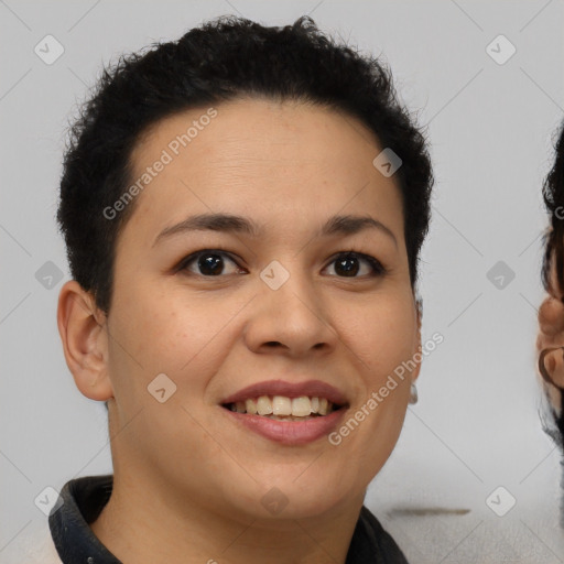 Joyful latino young-adult female with short  brown hair and brown eyes