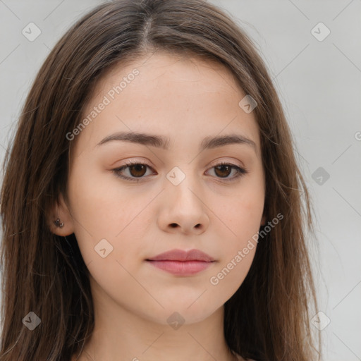 Neutral white young-adult female with long  brown hair and brown eyes