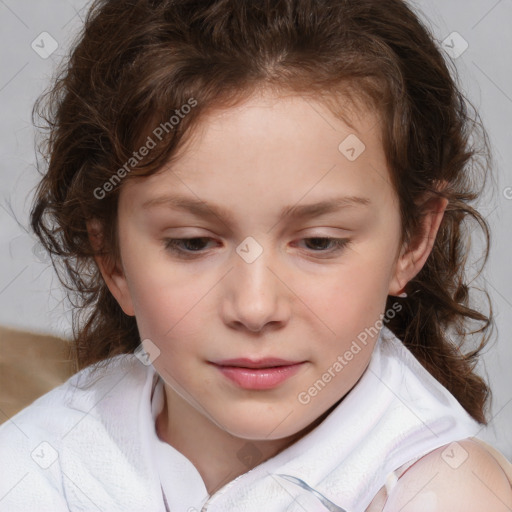 Joyful white child female with medium  brown hair and brown eyes