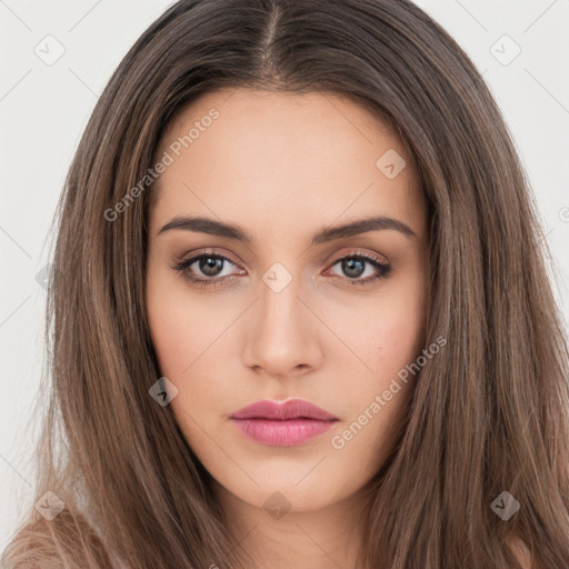 Neutral white young-adult female with long  brown hair and brown eyes