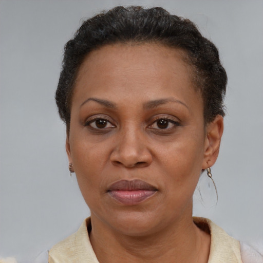 Joyful latino adult female with short  brown hair and brown eyes