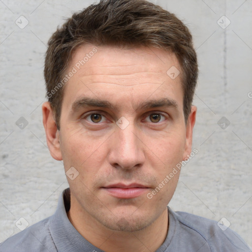 Neutral white adult male with short  brown hair and brown eyes