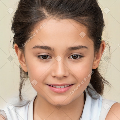 Joyful white child female with medium  brown hair and brown eyes