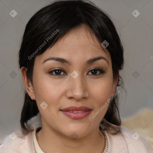 Joyful white young-adult female with medium  brown hair and brown eyes