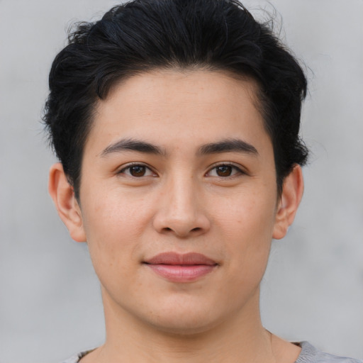 Joyful asian young-adult male with short  brown hair and brown eyes