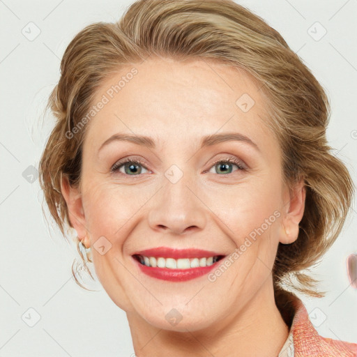 Joyful white young-adult female with medium  brown hair and blue eyes