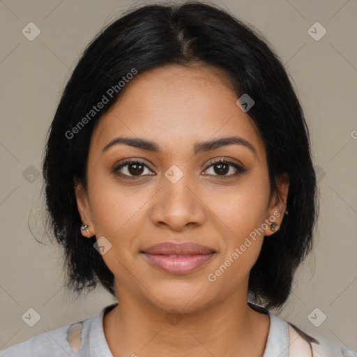 Joyful latino young-adult female with medium  black hair and brown eyes