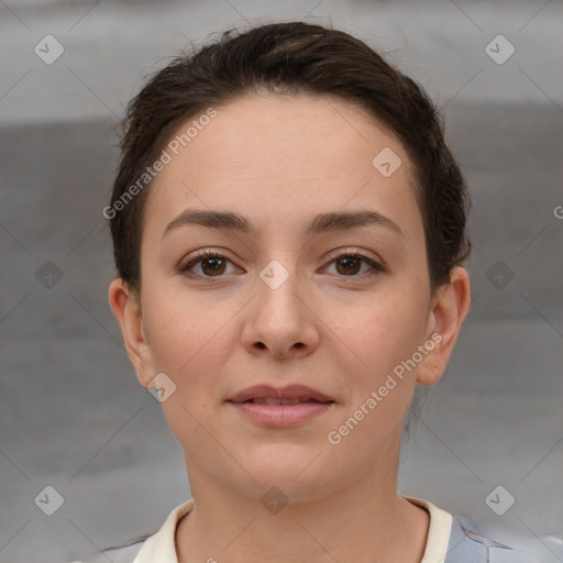 Neutral white young-adult female with short  brown hair and brown eyes