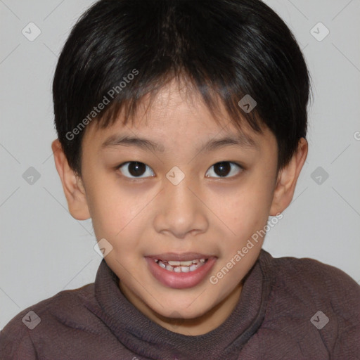 Joyful white child female with short  brown hair and brown eyes