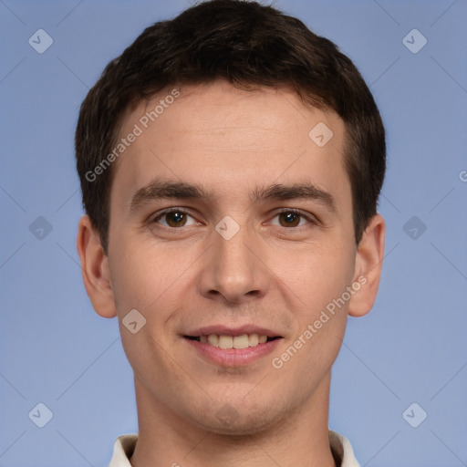 Joyful white young-adult male with short  brown hair and brown eyes