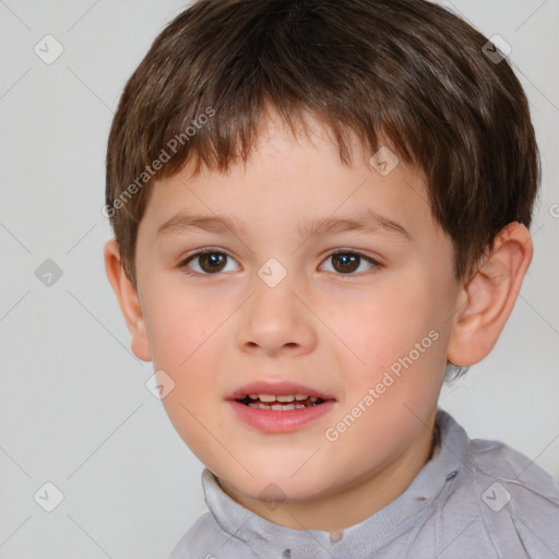 Joyful white child male with short  brown hair and brown eyes