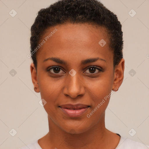 Joyful black young-adult female with short  brown hair and brown eyes