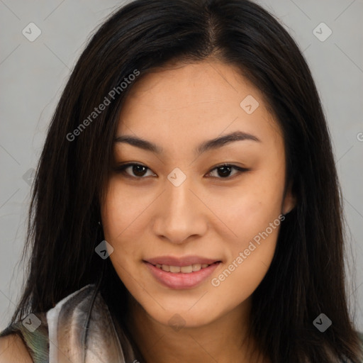 Joyful asian young-adult female with long  brown hair and brown eyes