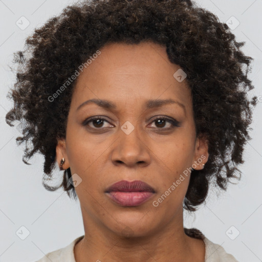 Neutral black adult female with short  brown hair and brown eyes