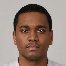 Neutral black young-adult male with short  black hair and brown eyes