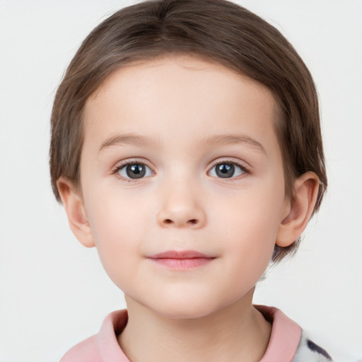 Neutral white child female with medium  brown hair and grey eyes