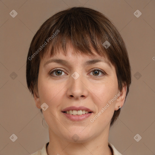 Joyful white young-adult female with medium  brown hair and brown eyes