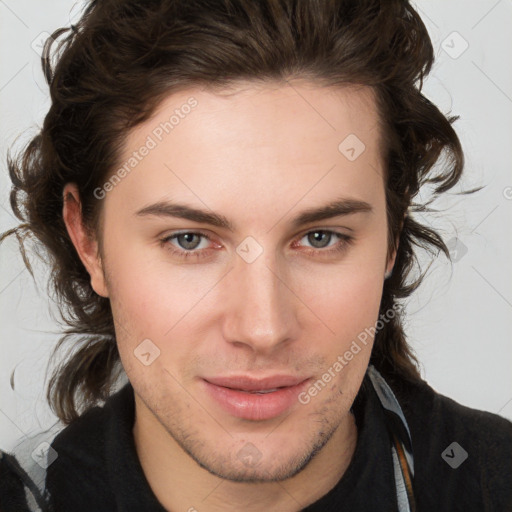 Joyful white young-adult male with medium  brown hair and brown eyes