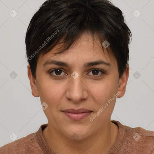 Joyful white young-adult female with short  brown hair and brown eyes