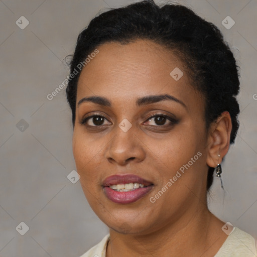 Joyful black young-adult female with medium  brown hair and brown eyes