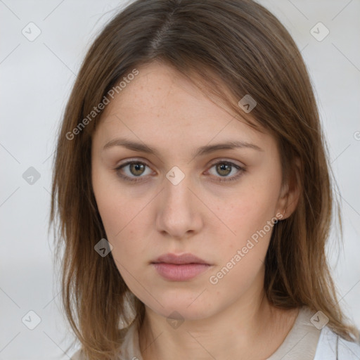 Neutral white young-adult female with medium  brown hair and brown eyes