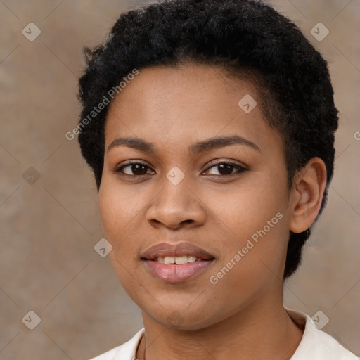 Joyful latino young-adult female with short  black hair and brown eyes