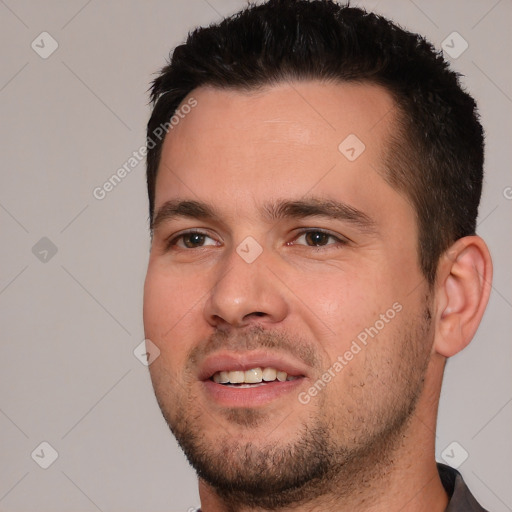 Joyful white young-adult male with short  brown hair and brown eyes