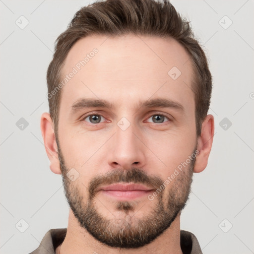 Neutral white young-adult male with short  brown hair and grey eyes