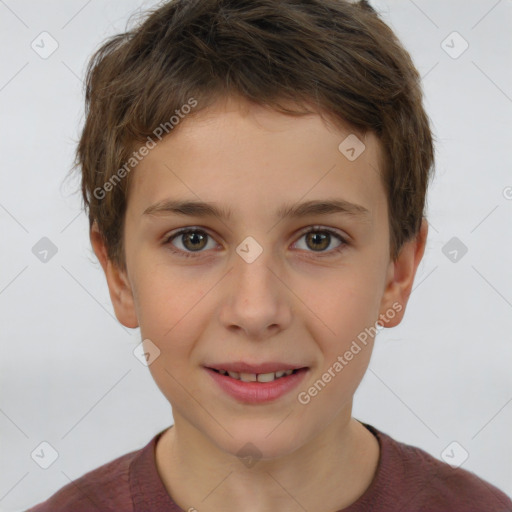 Joyful white child male with short  brown hair and brown eyes