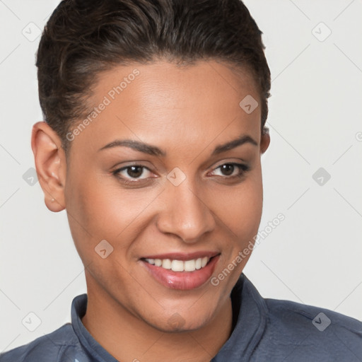 Joyful white young-adult female with short  brown hair and brown eyes