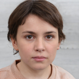 Neutral white young-adult female with short  brown hair and brown eyes