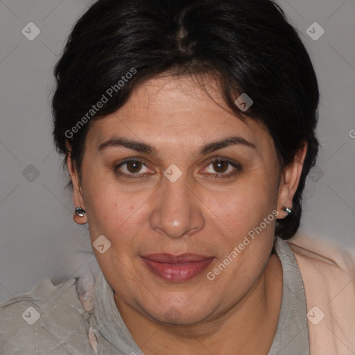 Joyful white adult female with short  brown hair and brown eyes