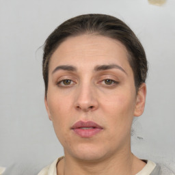 Neutral white young-adult female with short  brown hair and brown eyes