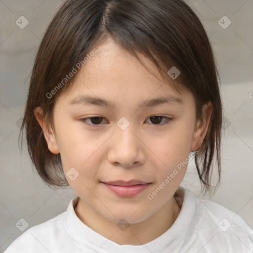 Joyful white child female with medium  brown hair and brown eyes