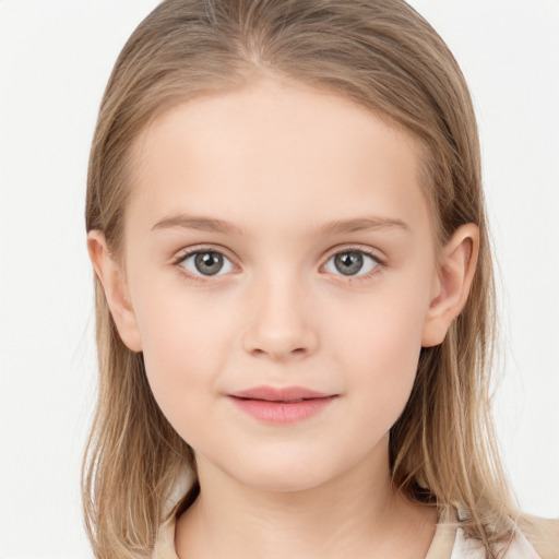 Joyful white child female with long  brown hair and grey eyes