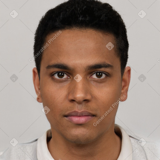 Neutral latino young-adult male with short  black hair and brown eyes