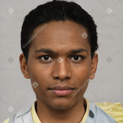 Neutral white young-adult male with short  black hair and brown eyes