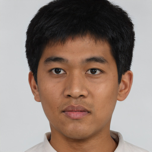 Neutral asian young-adult male with short  black hair and brown eyes