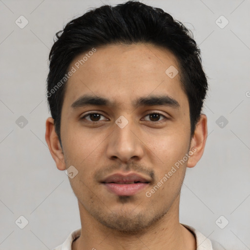 Neutral latino young-adult male with short  black hair and brown eyes