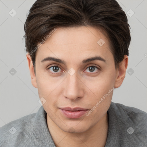 Joyful white young-adult female with short  brown hair and brown eyes