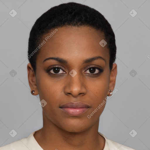 Neutral black young-adult female with short  black hair and brown eyes