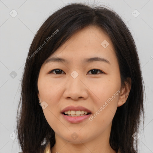 Joyful white young-adult female with medium  brown hair and brown eyes