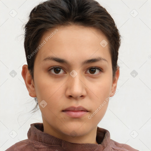 Neutral white young-adult female with short  brown hair and brown eyes