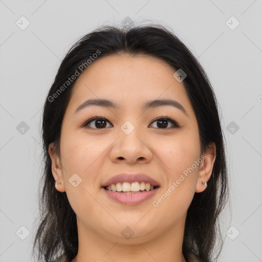 Joyful asian young-adult female with medium  brown hair and brown eyes