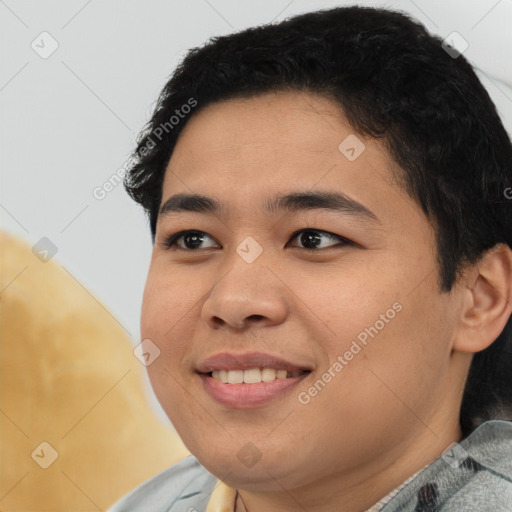 Joyful latino young-adult female with short  black hair and brown eyes